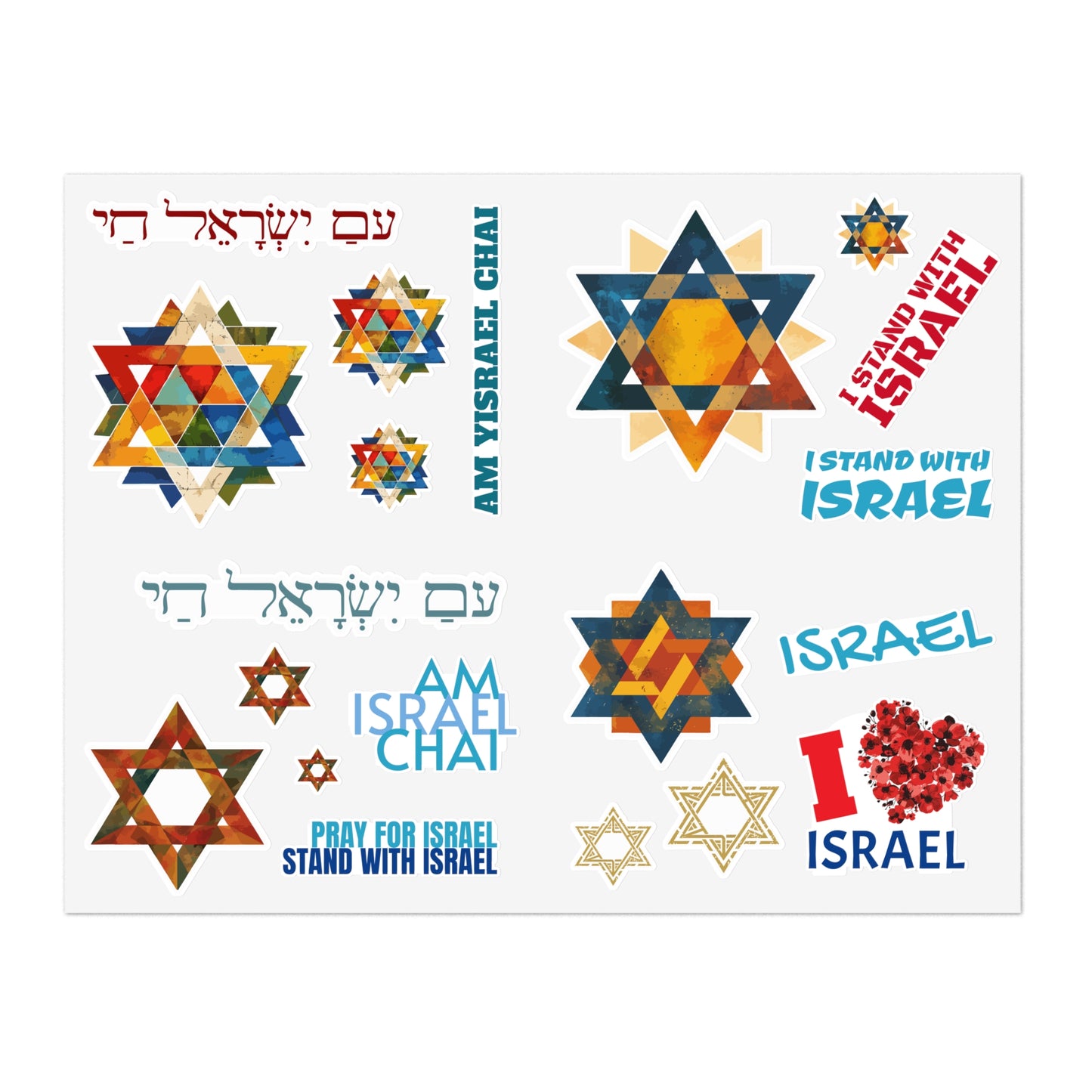 Independence Day of Israel, Stand with Israel, Am Yisrael Chai, Jewish Star of David, Stickers Sheet